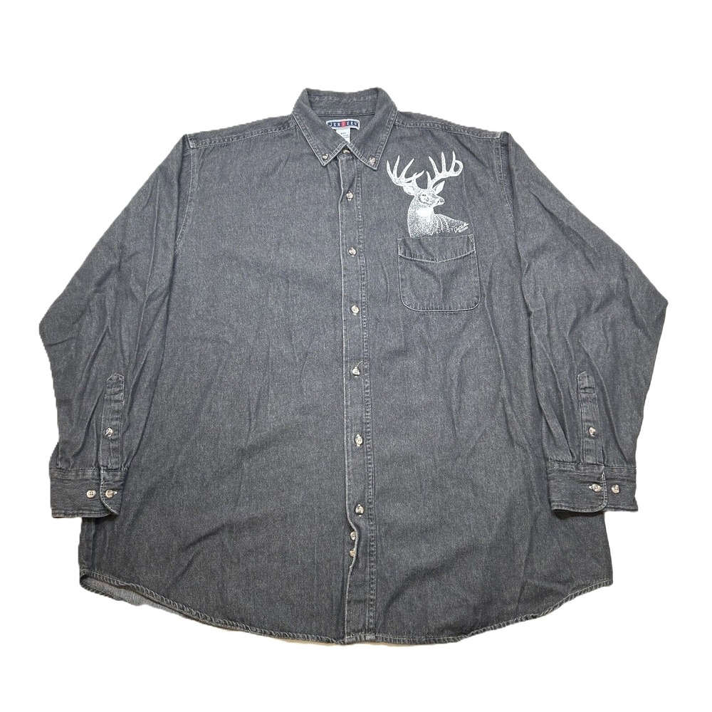 Jerzees Deer Print Shirt Mens 2XLT 2XL Tall Black Grey Chambray Long Sleeve - Picture 2 of 11